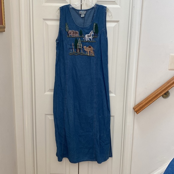 Vintage Embroidered Floral Blue Jean Cotton Denim Maxi Dress XLarge 90s - Picture 8 of 17